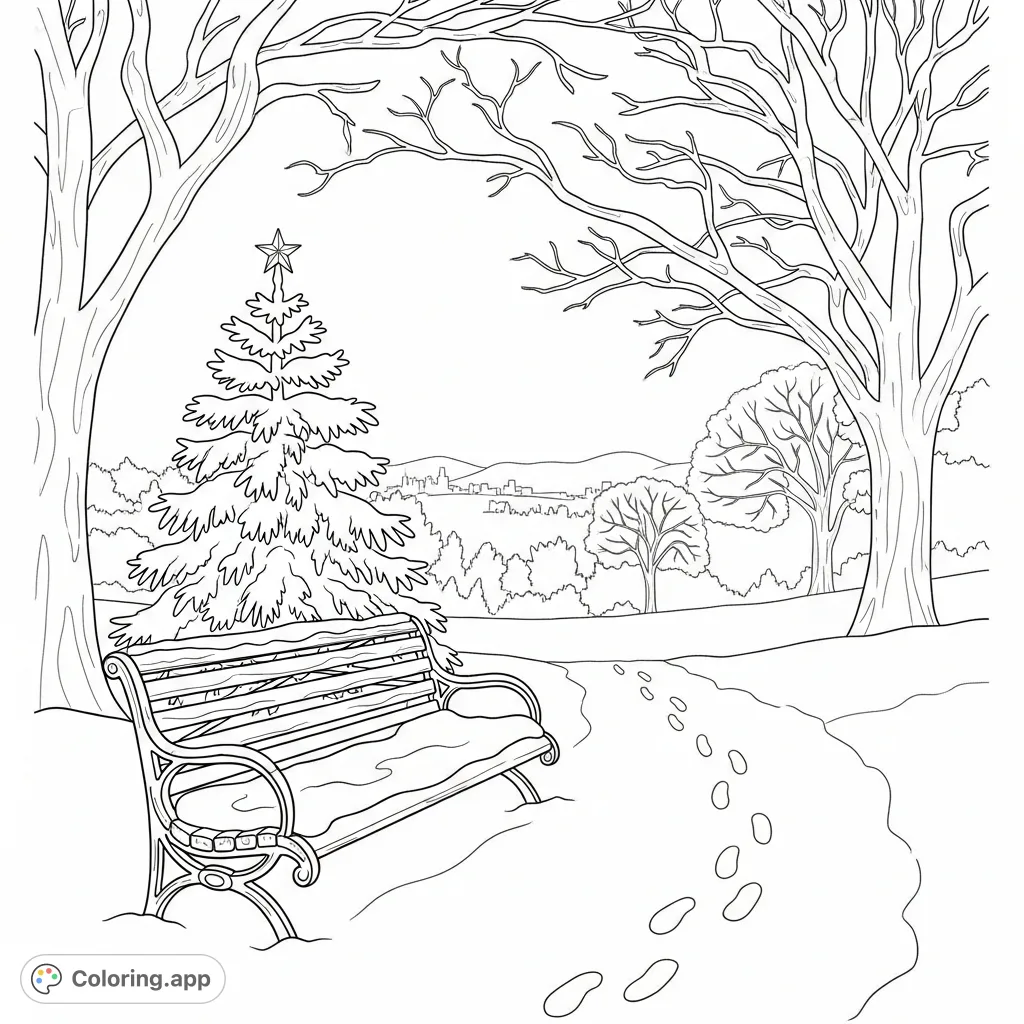 Discover a tranquil winter scene in Golden Gate Park, featuring a snow-covered bench, a festive pine tree, and distant city lights. Perfect for a peaceful coloring escape.
