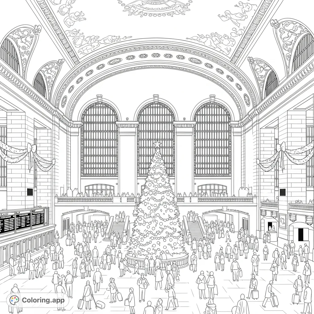 Capture the holiday spirit at Grand Central Terminal with a majestic Christmas tree, busy travelers, and ornate architecture, ready for your artistic touch.
