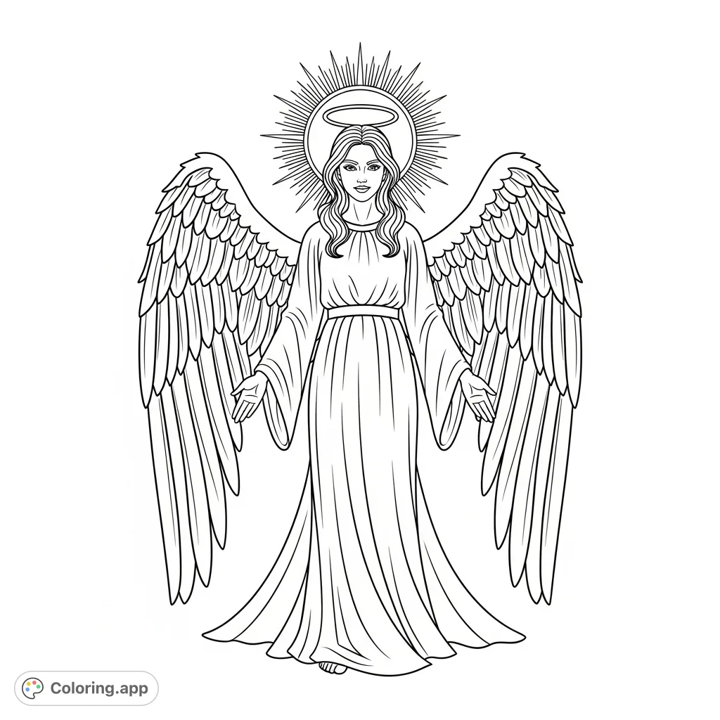 A serene angel with flowing hair, grand feathered wings, and a radiant halo stands with outstretched arms, offering a welcoming presence. Perfect for peaceful coloring.