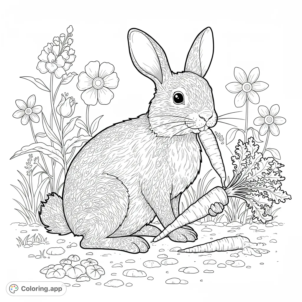 Adorable rabbit enjoying a carrot in a vibrant garden. A delightful free printable coloring page for kids and adults.