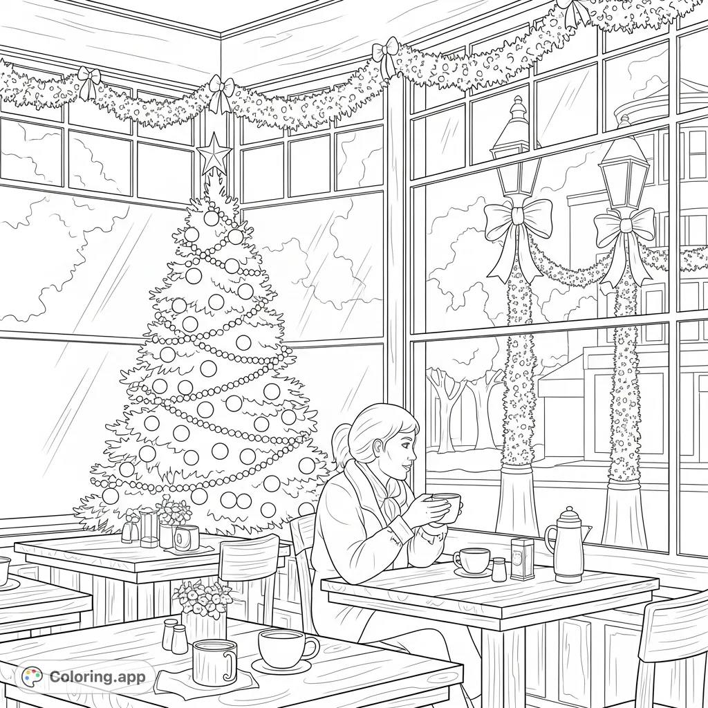 A detailed San Francisco cafe interior, adorned with intricate Christmas decorations and a glowing tree, offers a peek at a festively decorated street outside.