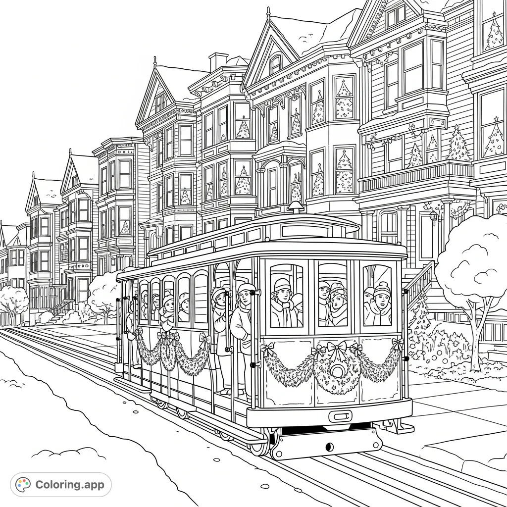Experience a charming San Francisco festive cable car scene. Detailed Victorian houses, holiday decorations, and a gentle snowfall await your creative touch!
