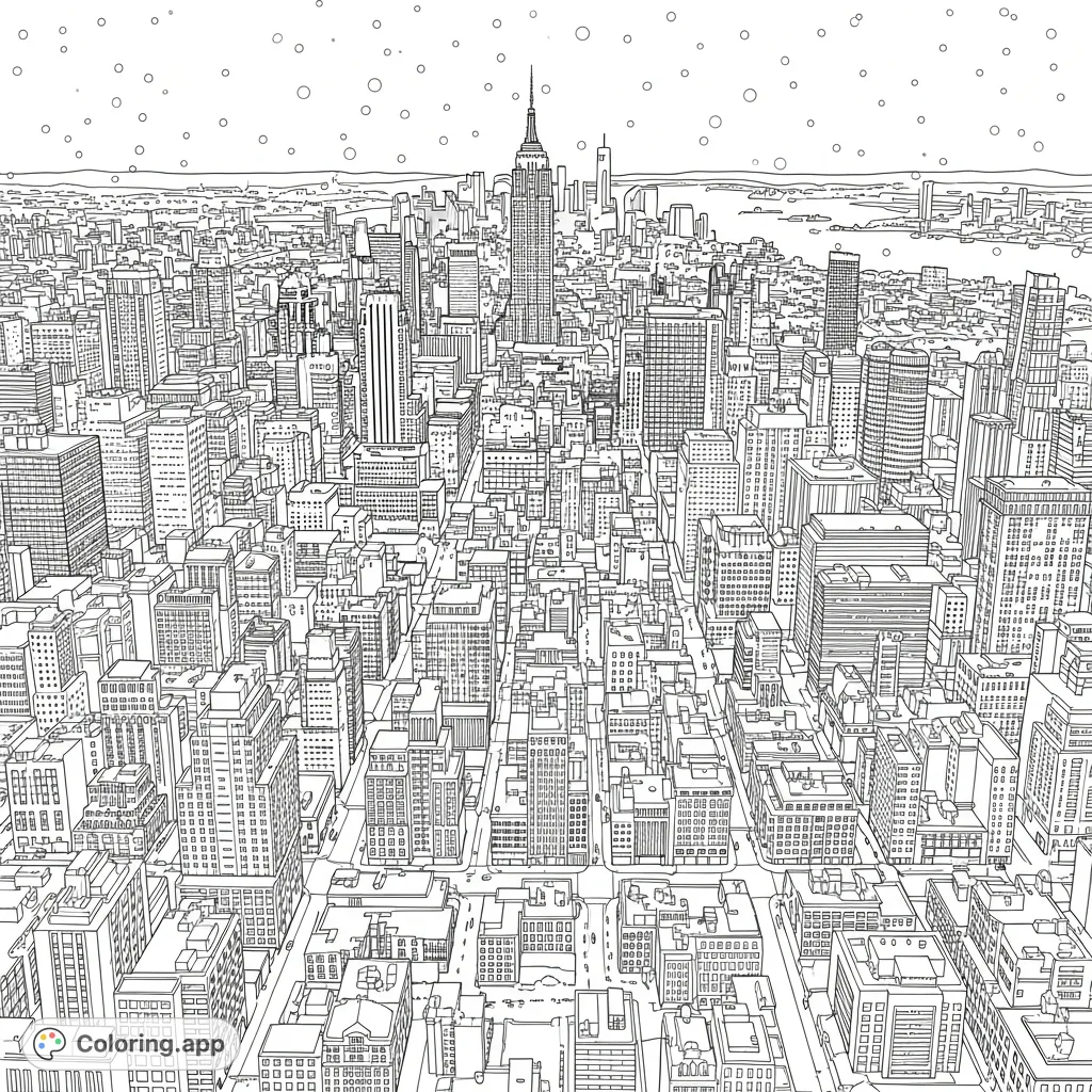 Experience the magic of a snowy Christmas city from above! A detailed panoramic view of an urban landscape with festive lights and falling snow.