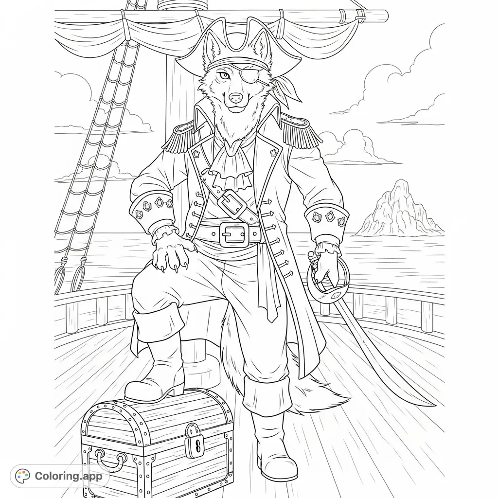 A fierce wolf pirate, complete with a tricorne hat, eye patch, and cutlass, stands ready for adventure on a ship's deck. Perfect for a thrilling coloring experience.
