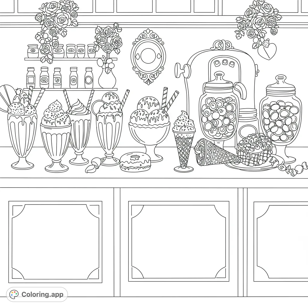 Step into a charming, old-fashioned ice cream parlor. This delightful coloring page features frosted milkshakes, ice cream bowls, waffle cones, and a candy jar.