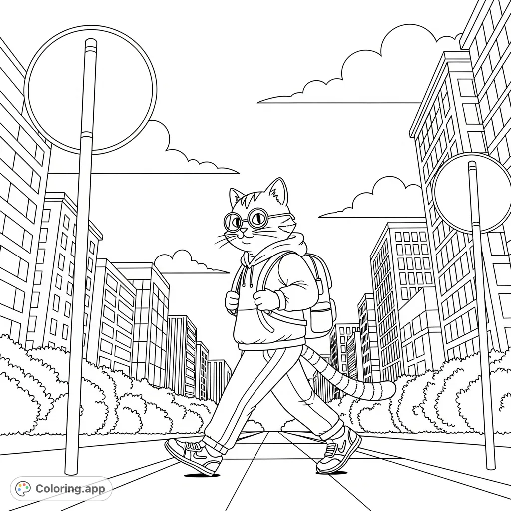 An anthropomorphic cat in glasses and a hoodie confidently walks a city sidewalk, surrounded by tall buildings and street signs. A fun, free printable coloring page.