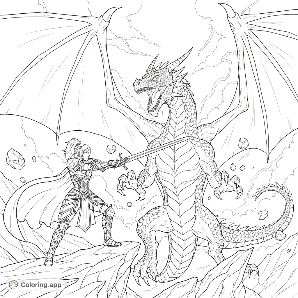 An epic fantasy coloring page featuring a brave warrior in ornate armor battling a colossal winged dragon amidst a stormy, rocky landscape.