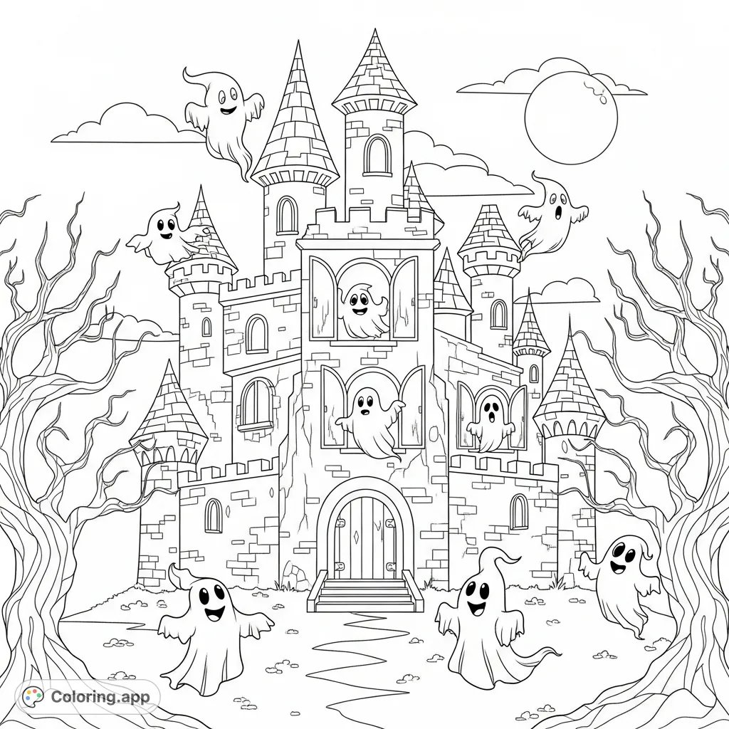 Explore a grand, old castle with tall turrets and crumbling walls, where friendly, whimsical ghosts float and dance under a large moon. A charmingly spooky scene!