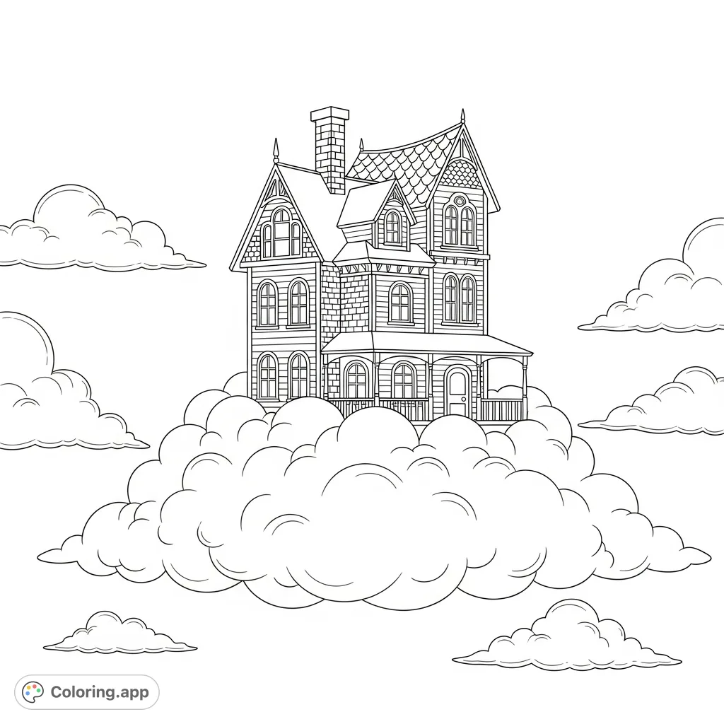 Color a charming Victorian-style house gracefully floating on a fluffy cloud amidst a vast sky. A dreamy, free printable floating house coloring page for all ages.