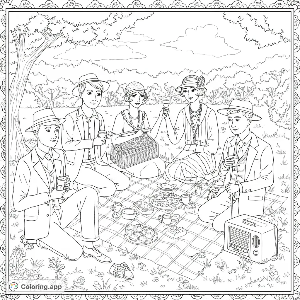 A charming 1920s picnic scene with five elegantly dressed friends enjoying food and drinks outdoors, perfect for a vintage coloring experience.
