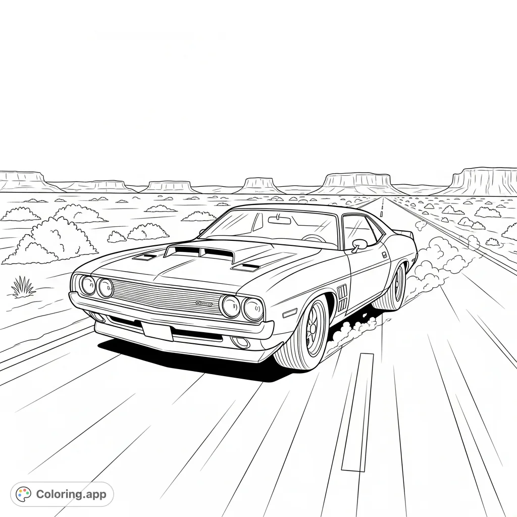A powerful 1970s muscle car races down a desert road, kicking up dust. Features a prominent hood scoop and wide tires against a minimal landscape.