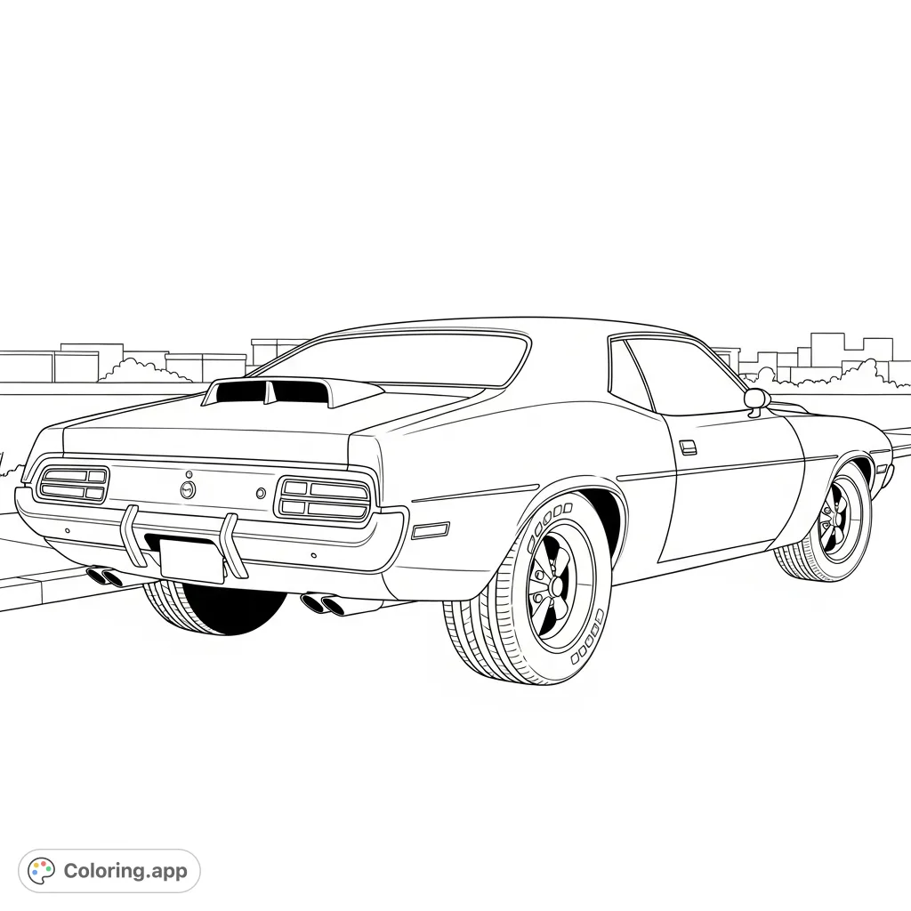 A detailed 1970s muscle car, featuring a shaker hood and deep-dish wheels, presented from a dynamic rear three-quarter view for coloring enthusiasts.