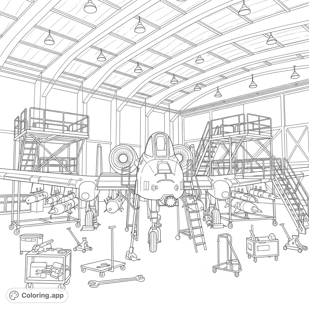 Color a detailed A-10 Thunderbolt II in a hangar, surrounded by maintenance platforms and tools. Perfect for aviation enthusiasts!