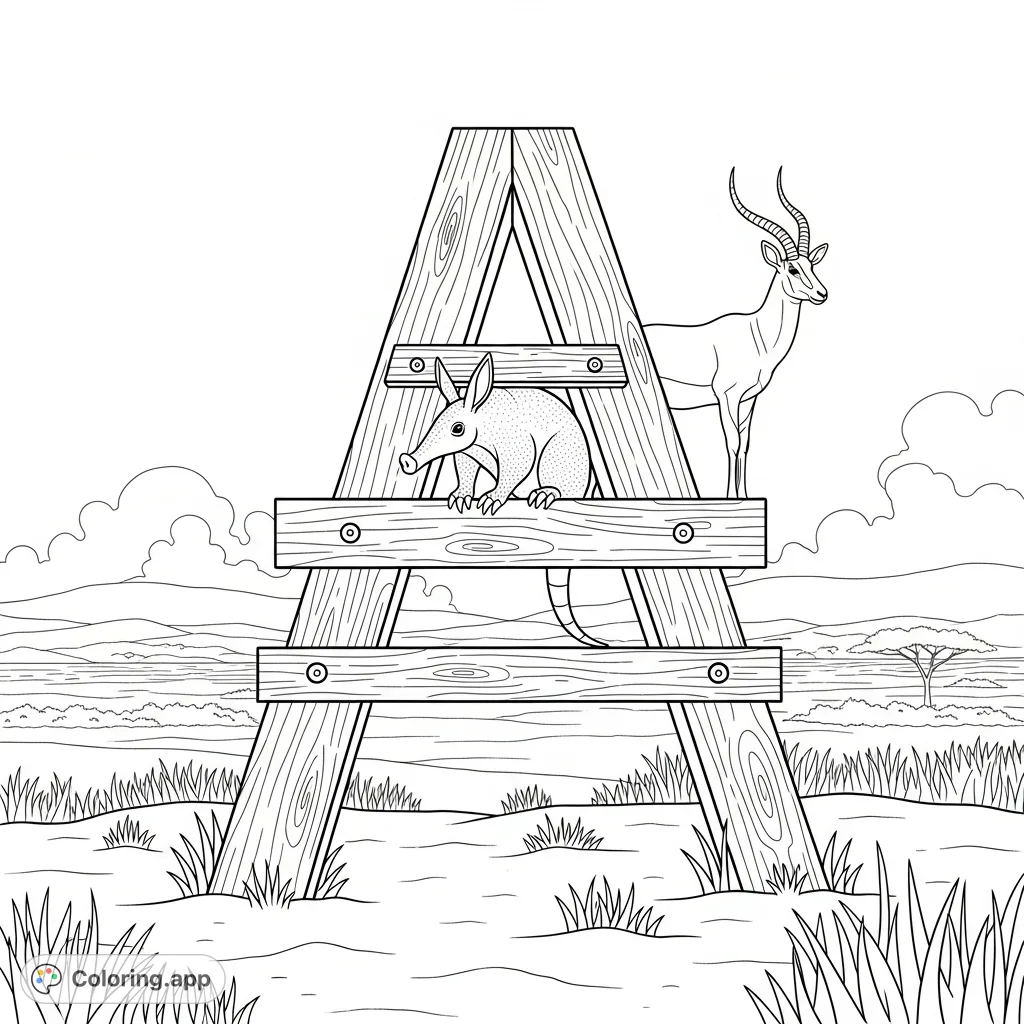 An aardvark and antelope join an A-shaped platform overlooking a vast savanna. A charming, educational, and fun animal alphabet coloring page!