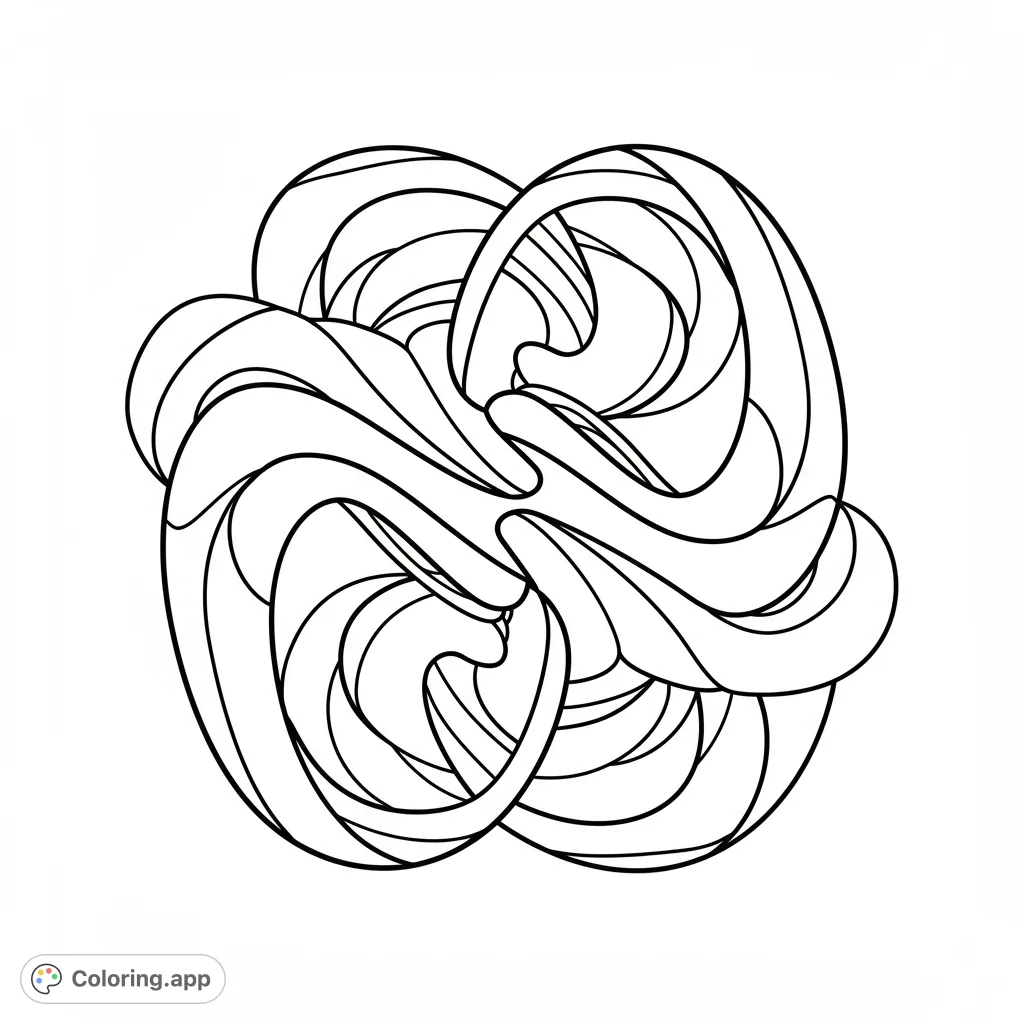 Intricate abstract design with flowing, interconnected lines creating a mesmerizing knot-like pattern. Perfect for mindful coloring and creative expression.