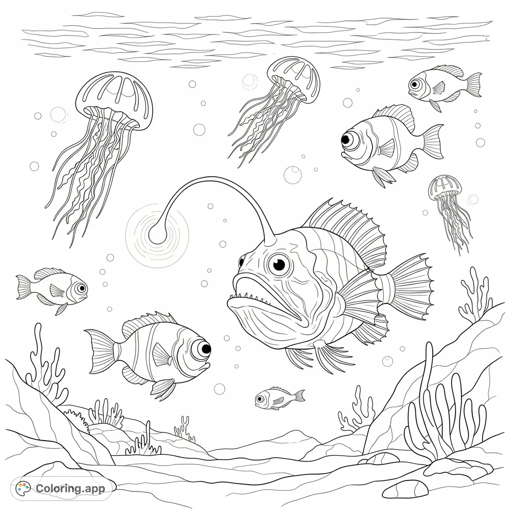 Explore the mysterious deep-sea abyss with this intricate coloring page. Features a lone anglerfish, glowing jellyfish, and strange deep-water creatures.