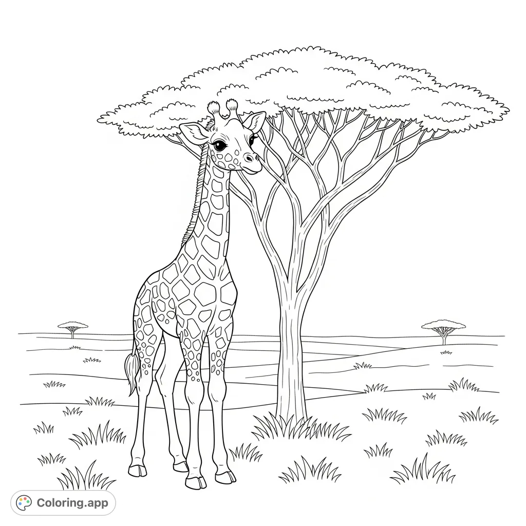 An endearing baby giraffe stands beside a tall acacia tree in a peaceful savanna. Its gentle gaze and spotted coat offer a delightful coloring experience.