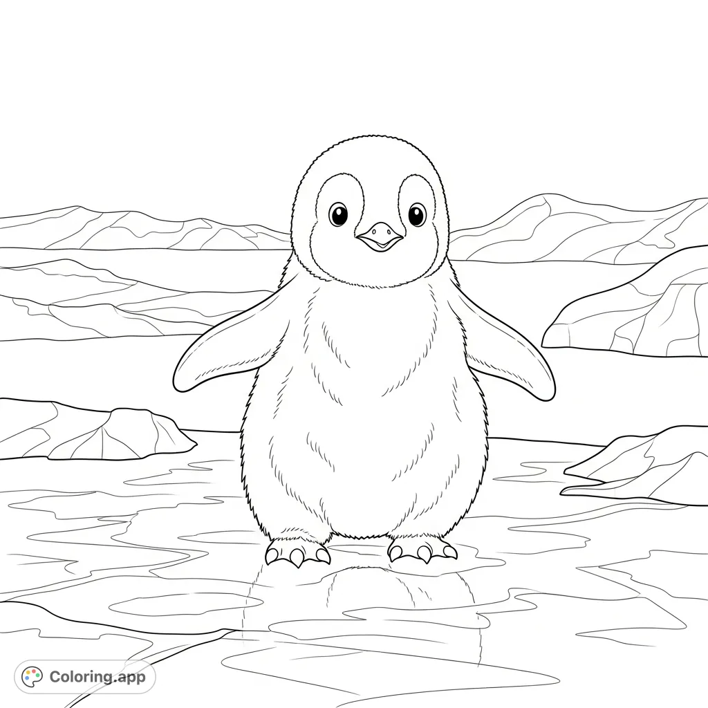 A charming baby penguin waddles on an ice floe, surrounded by subtle icy textures. Perfect for all ages to enjoy a touch of arctic wonder.