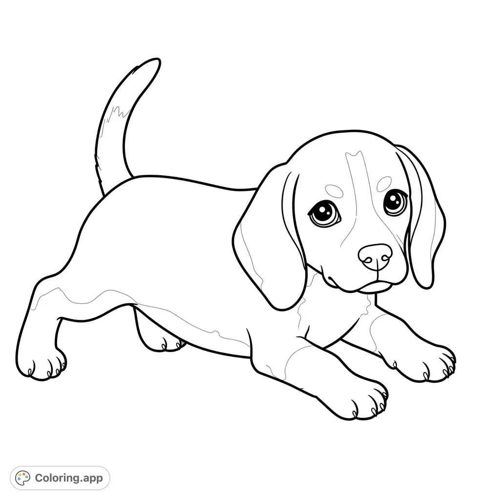 A charming beagle puppy coloring page, perfect for animal lovers. Features an adorable puppy with big eyes and floppy ears, ready for vibrant colors.