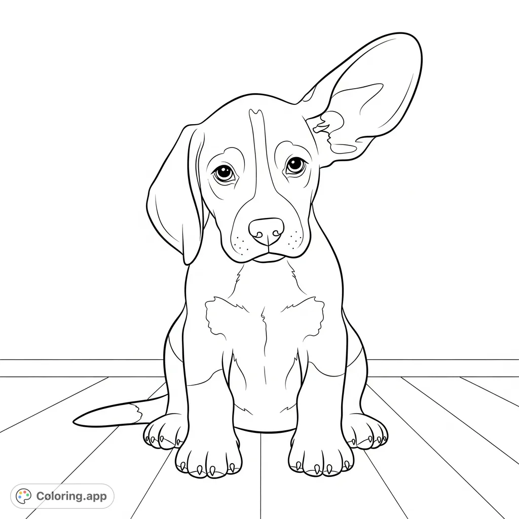 A charming beagle puppy sits with a flipped ear, its adorable pose highlighted against simple indoor floor lines. Perfect for animal lovers of all ages!