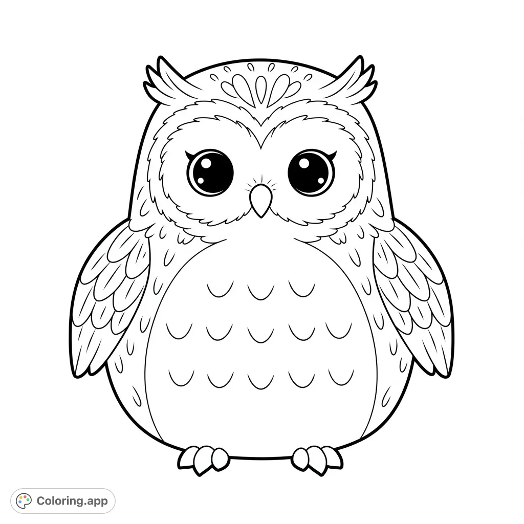 An adorable cartoon owl with big, expressive eyes and fluffy details, perfect for a fun and easy coloring experience. Free printable owl coloring page.