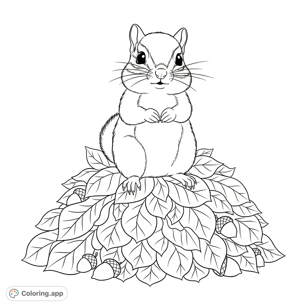 A charming chipmunk kit sits on a soft pile of rounded autumn leaves, surrounded by small acorns. A delightful scene for nature lovers.