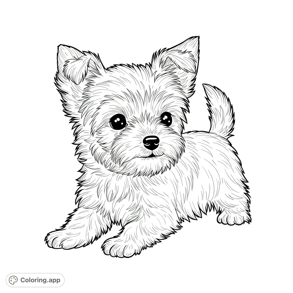 An adorable fluffy puppy coloring page, perfect for animal lovers. Features a cute terrier pup with big eyes and shaggy fur, ready for vibrant colors.