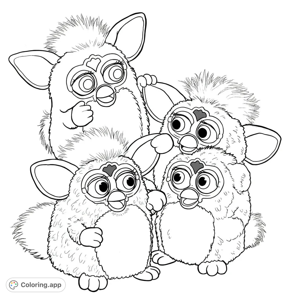 An adorable Furby friends coloring page featuring four fluffy Furbies with expressive eyes, perfect for free printable coloring page fun for kids and adults.