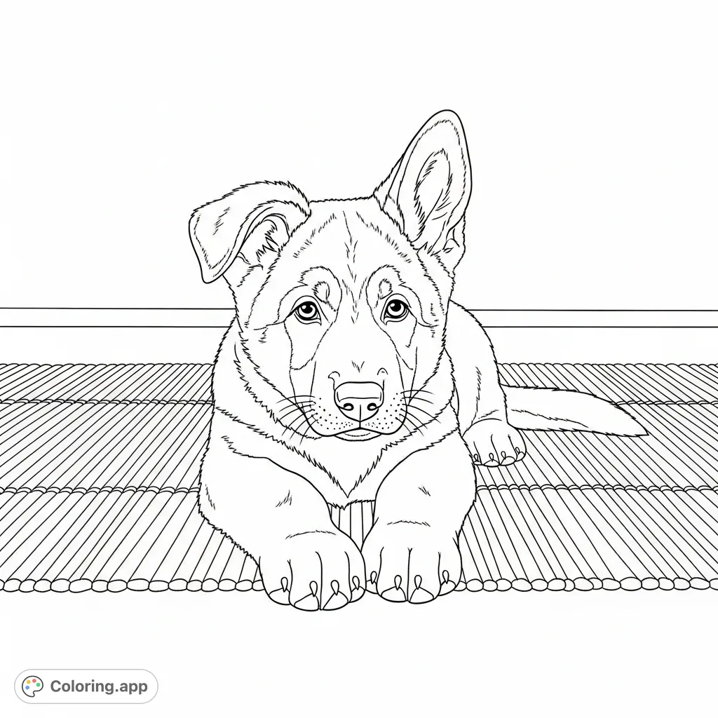 An endearing German Shepherd puppy rests on its belly, front paws stretched out. A simple, textured rug forms the background, perfect for calm coloring.