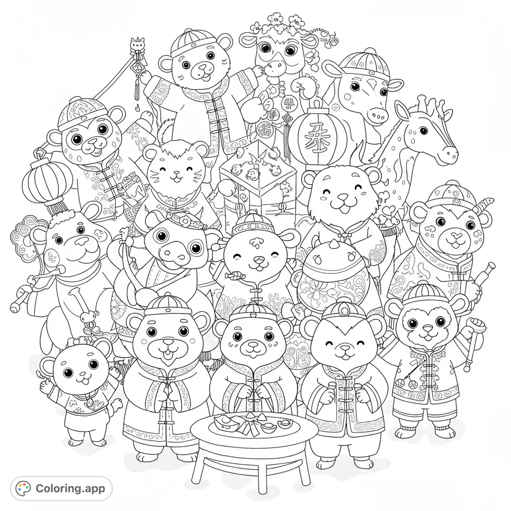 Celebrate with adorable animals in traditional Chinese attire! This festive Lunar New Year coloring page features a joyful gathering of cute zodiac characters.