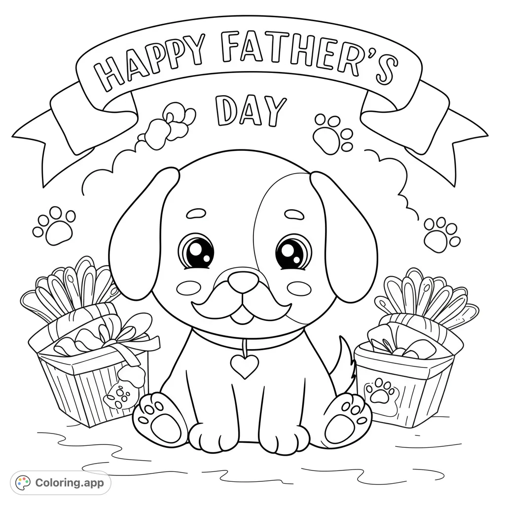 An adorable puppy surrounded by festive gifts and playful elements, perfect for a heartwarming and fun coloring experience.
