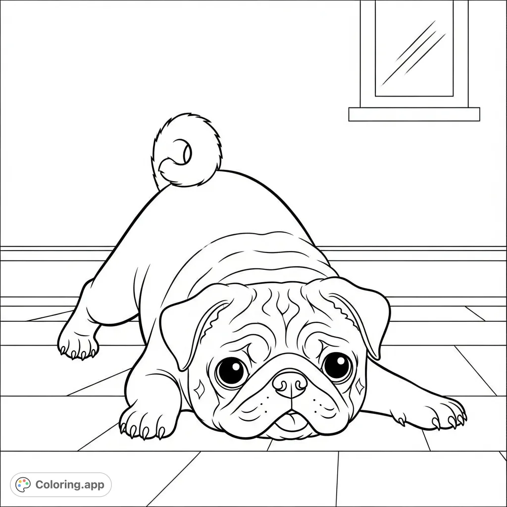 A cute pug is captured in a charming 'sploot' pose, lying on its belly with back legs stretched out. A minimal interior background enhances its appeal.