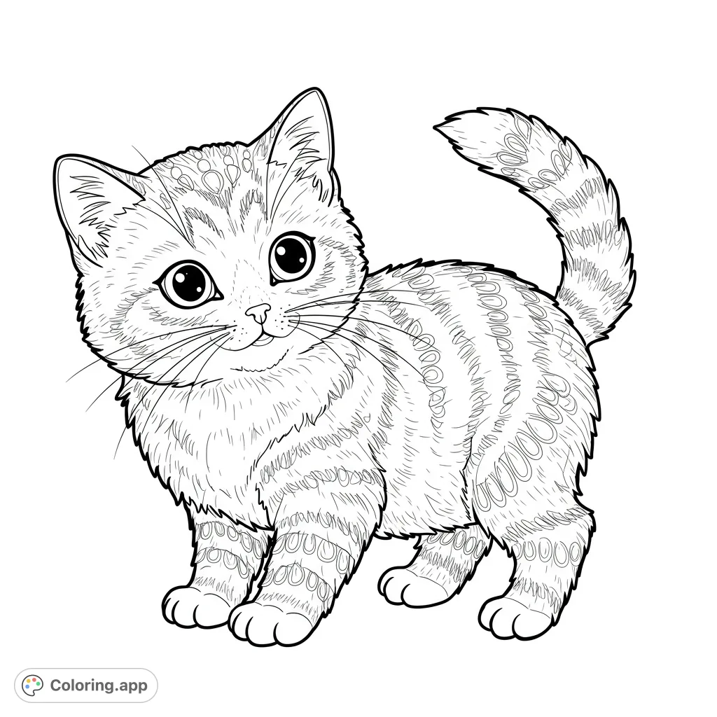 An adorable striped kitten coloring page, perfect for animal lovers. Features a cute, fluffy feline with expressive eyes and detailed fur patterns.