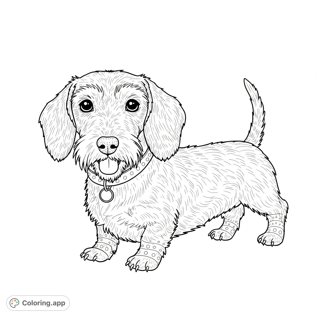A charming wire-haired dachshund with a studded collar and paw cuffs, ready for a fun coloring adventure. Perfect for dog lovers!