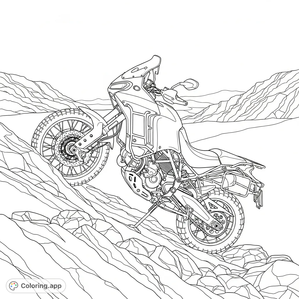 Color a rugged adventure motorcycle, akin to a Ducati DesertX, climbing a challenging rocky hill. Features detailed bike elements and a vast landscape.