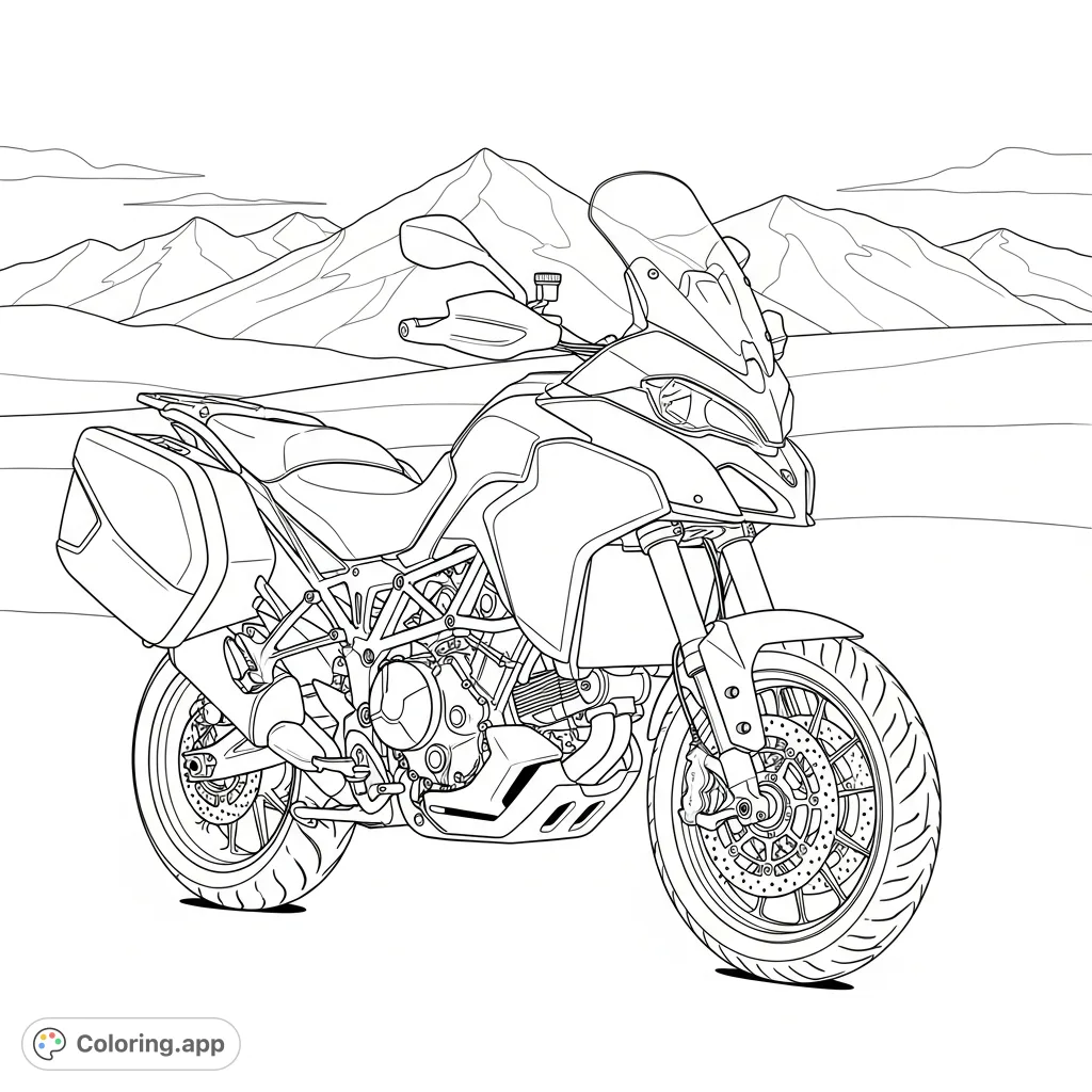 A detailed adventure touring motorcycle, complete with saddlebags, posed against a simplified, sweeping mountain range, ready for an epic journey.