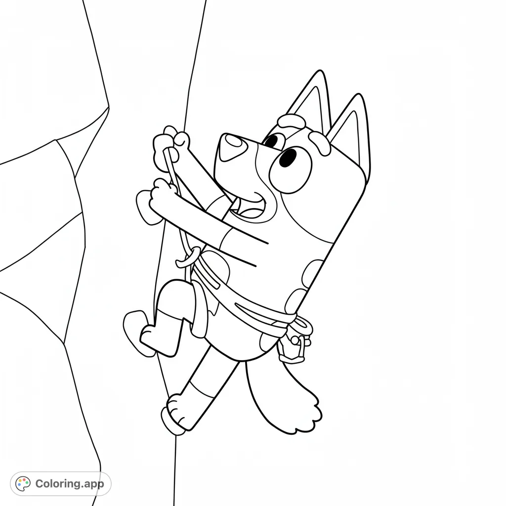 An adventurous cartoon dog, resembling Bluey, rock climbing a stylized cliff. A fun, free printable adventure coloring page for kids and adults!