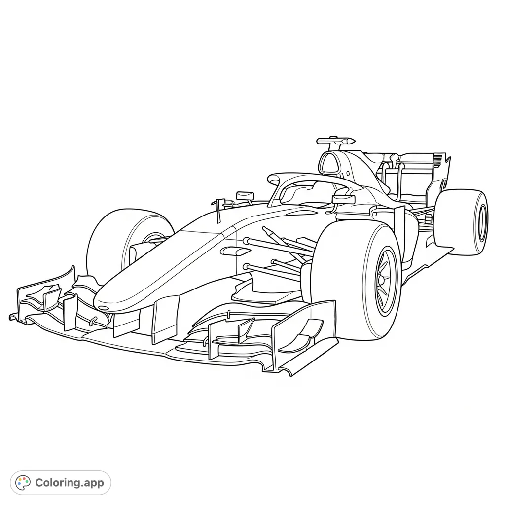 Experience the thrill of racing with this detailed Formula 1-inspired car coloring page. Features an aerodynamic design from a front three-quarter view.