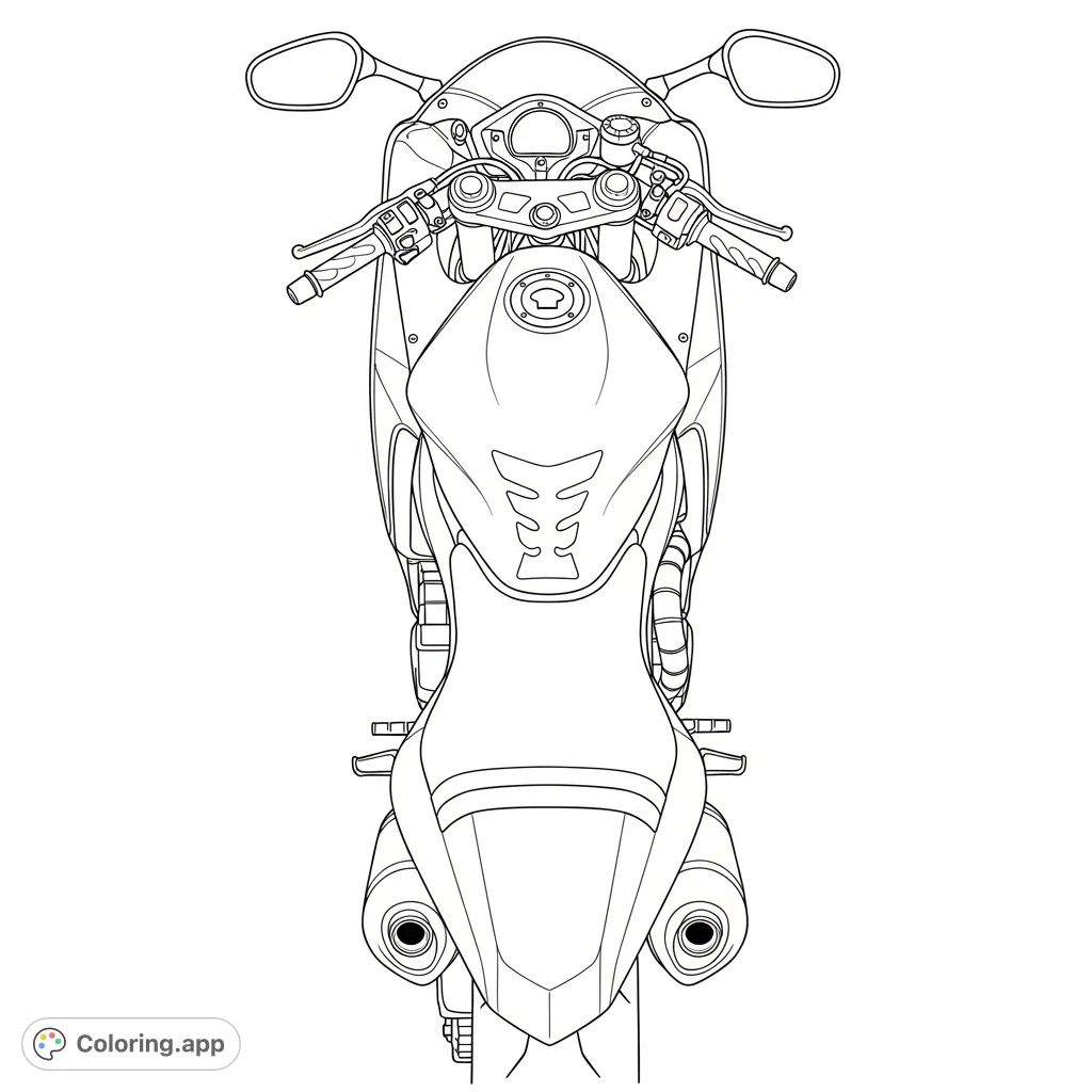 Detailed sport motorcycle seen from directly above, highlighting its sleek, aerodynamic contours, handlebars, and seat. Perfect for vehicle enthusiasts.