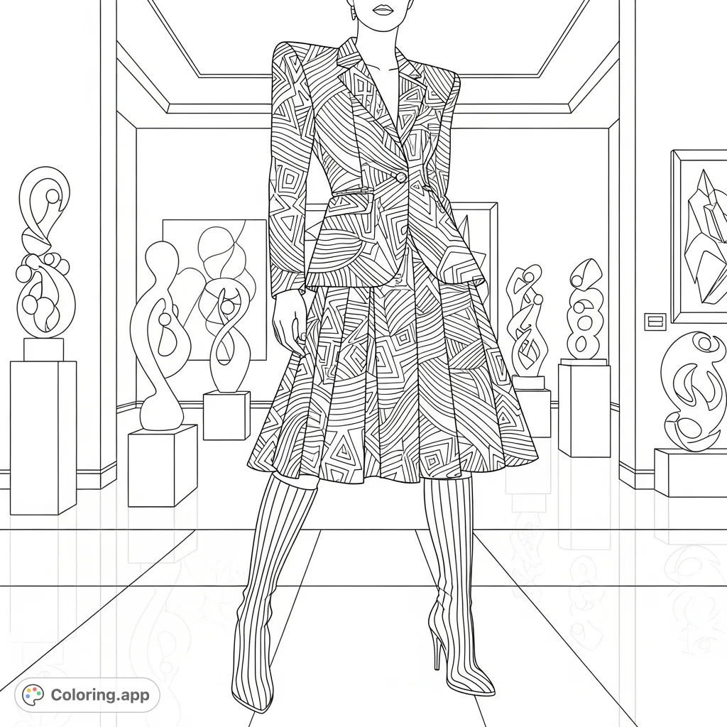 Explore a striking African fashion coloring page featuring a person in a patterned outfit amidst abstract sculptures in an art gallery. A unique blend of culture and art.