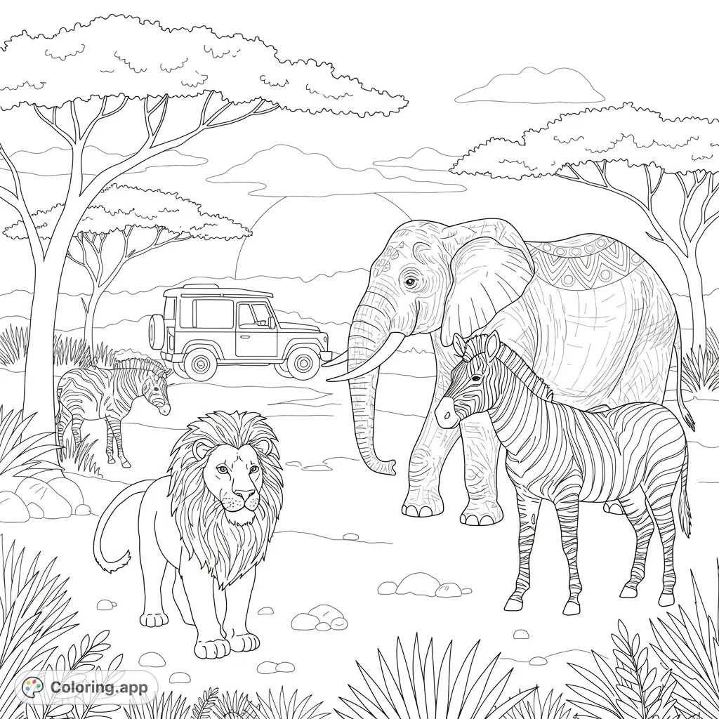 Explore the African savanna with a majestic lion, elephant, and zebras, plus a safari jeep. A free printable safari coloring page for all ages!
