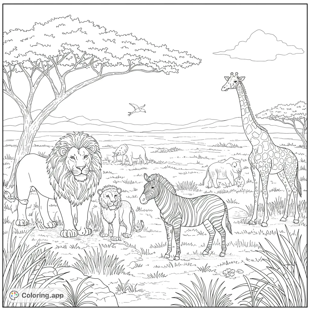 Explore a vibrant safari scene featuring a majestic lion, playful cub, striped zebra, tall giraffe, and elephants in a detailed savanna landscape.