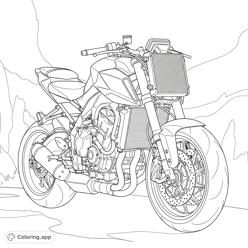 Unleash your creativity on this dynamic naked sport motorcycle coloring page, featuring aggressive forks, an oversized radiator, and a sleek design.