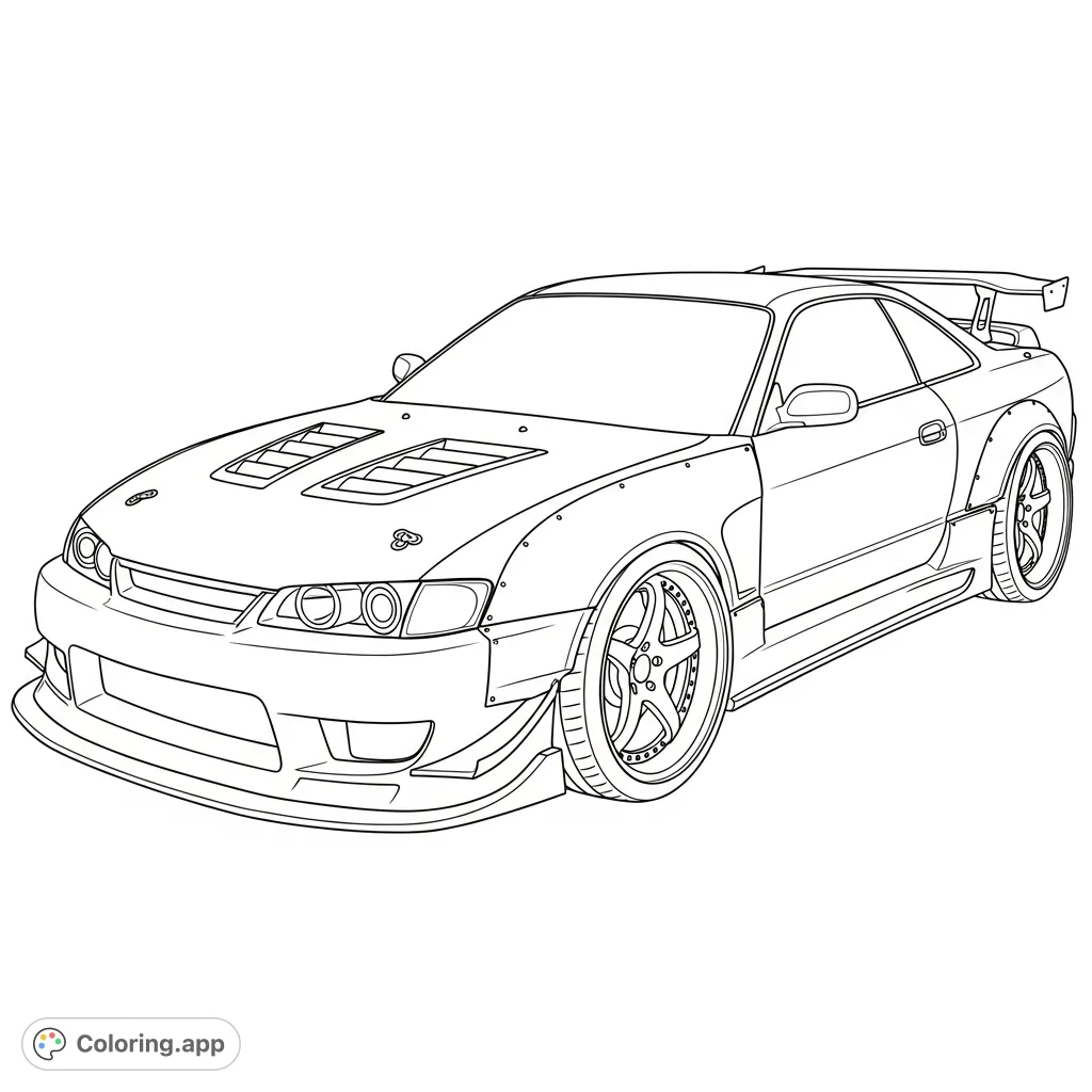 A detailed coloring page featuring a sleek tuner coupe with aggressive front splitter, prominent hood vents, and wide fenders, in a front three-quarter view.