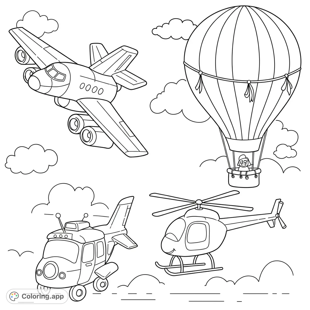Explore the skies with this exciting air vehicles coloring page! Features a plane, hot air balloon, helicopter, and whimsical flying car amidst clouds.