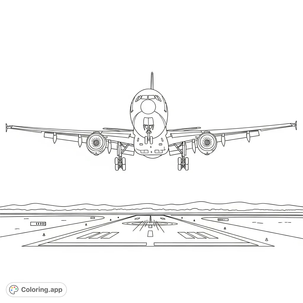 A twin-engine airliner descends with flaps extended towards an airport runway, framed by a clear sky and distant, subtle mountain peaks.