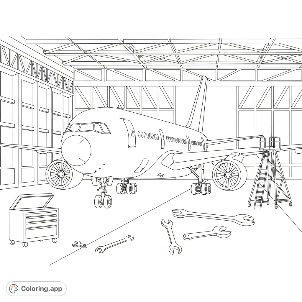 Color a detailed scene featuring a large passenger airliner parked inside a spacious hangar, complete with simplified tools and maintenance equipment.