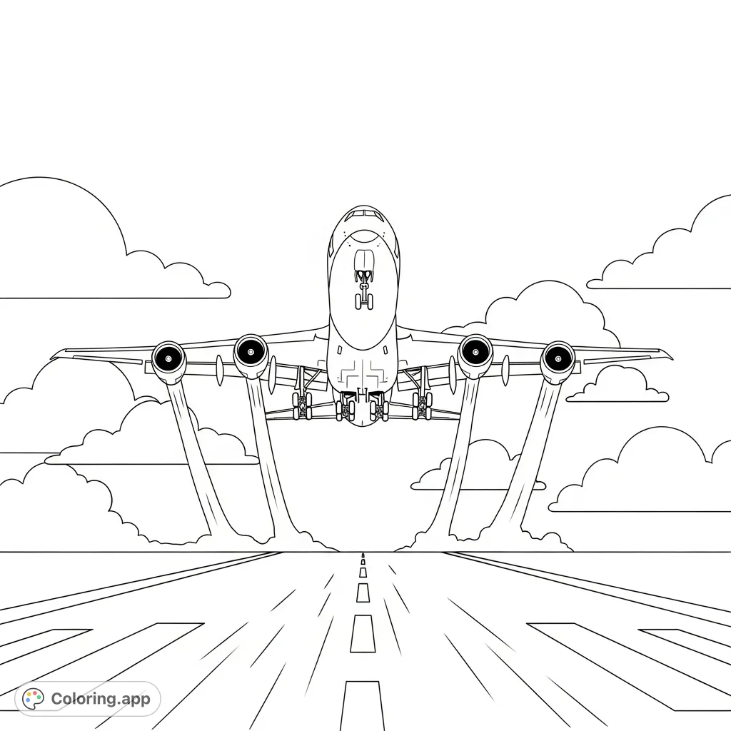Experience the thrill of aviation with this detailed coloring page featuring a wide-body airliner soaring from a runway, landing gear extended and engines roaring.