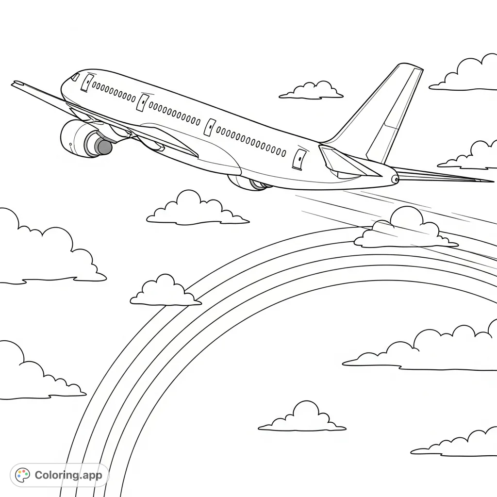 Soar high with this captivating coloring page featuring a detailed passenger airplane flying near a magnificent rainbow, surrounded by fluffy clouds.