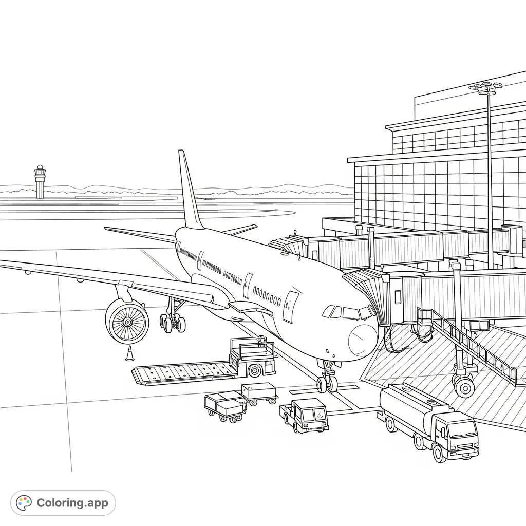 A detailed coloring page featuring a passenger airplane docked at an airport gate, complete with a jet bridge, ground equipment, and terminal background.